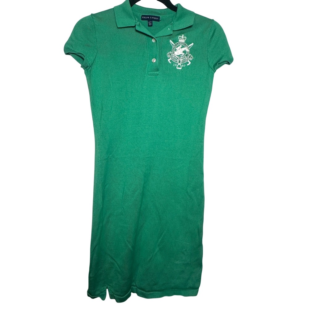 Ralph Lauren Womens Green Ribbed Knit Polo Dress Hunter Jumper Crest XS TP